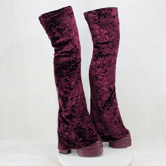 Good Will Unique Thigh High Wine Red Velvet Fold over Chunky Heel Platform Boots - Picture 4 of 10